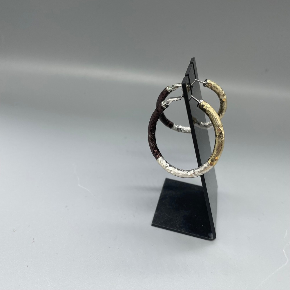 Womens Tricolor Textured Hoop Earrings Gold Silver Bronze Tone 1.25 Inch